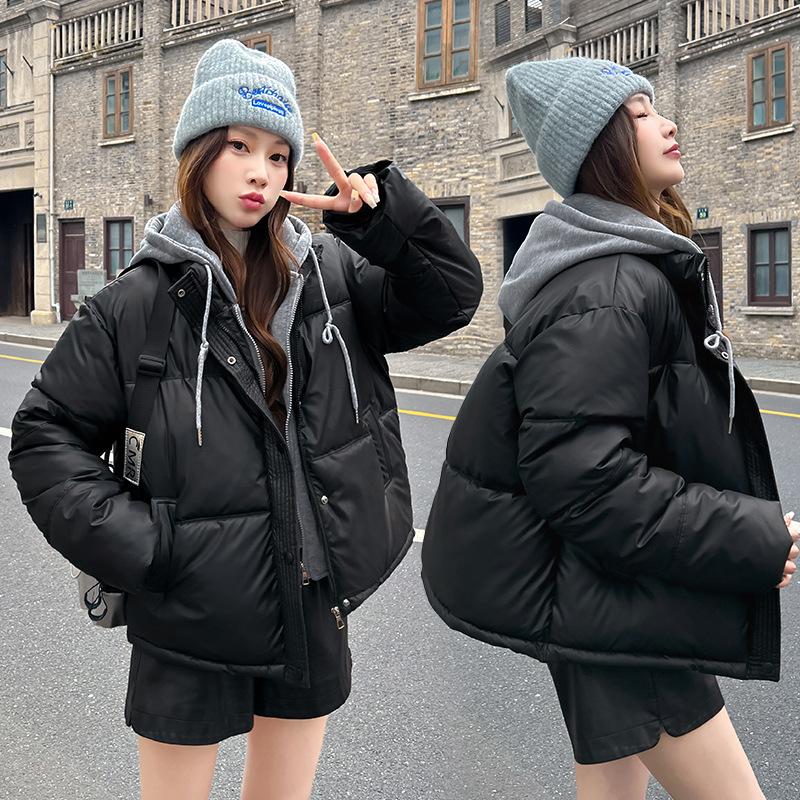 

Fake two-piece padded jacket leave-in winter pu new padded jacket short thickened padded jacket hooded bread small jacket M чорний