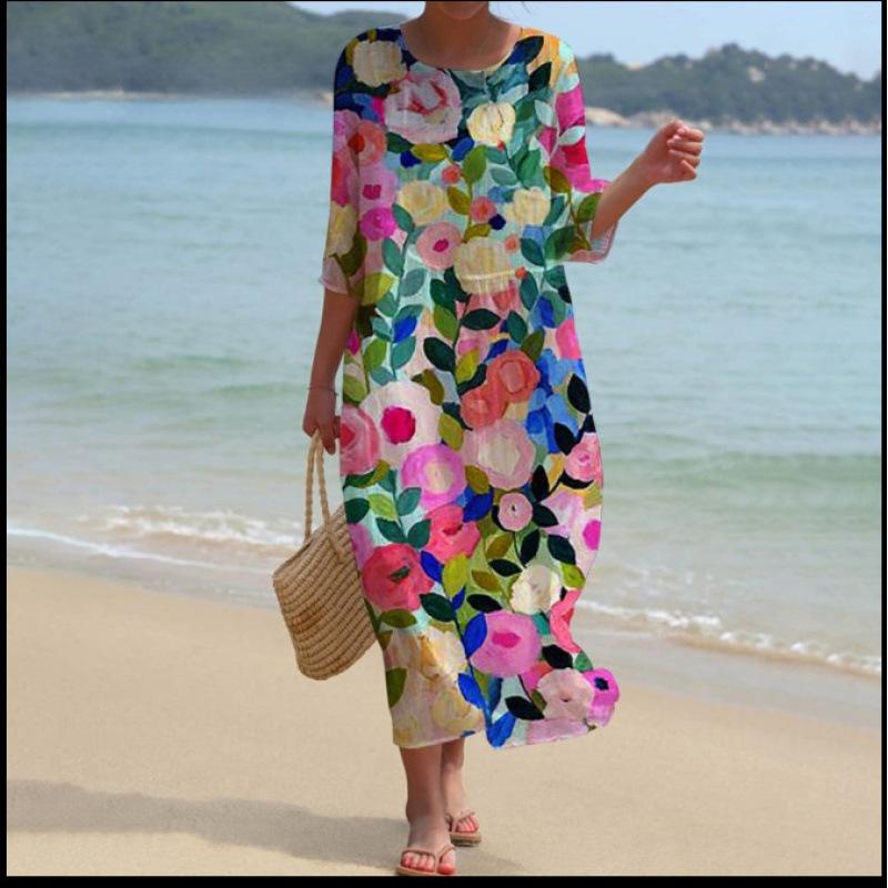 Women's Round Neck 3/4 Sleeve Midi Dress Casual Loose Solid Color Beach Vacation Long Dress