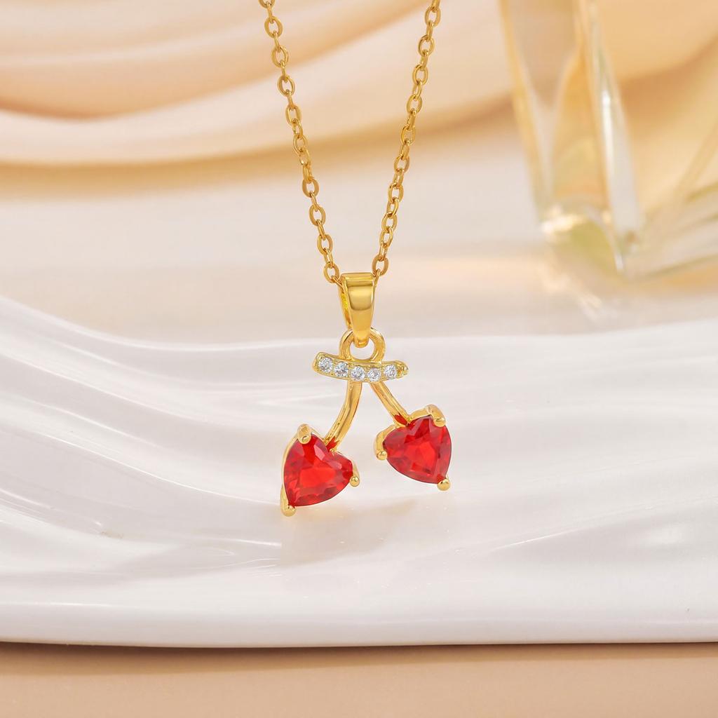 Cherry Fruit Necklace - A Simple and Versatile Summer Accessory for Women, Featuring A Lockbone Chain with A Charming Cherry Fruit Design.