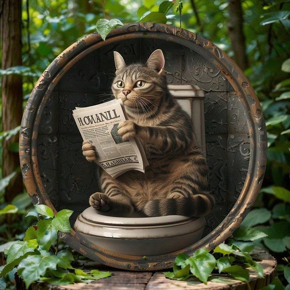 1pc Vintage Cat on Toilet Reading Newspaper Metal Sign, 2D Round Iron Wall Decor, Funny Home Office Garage Decor