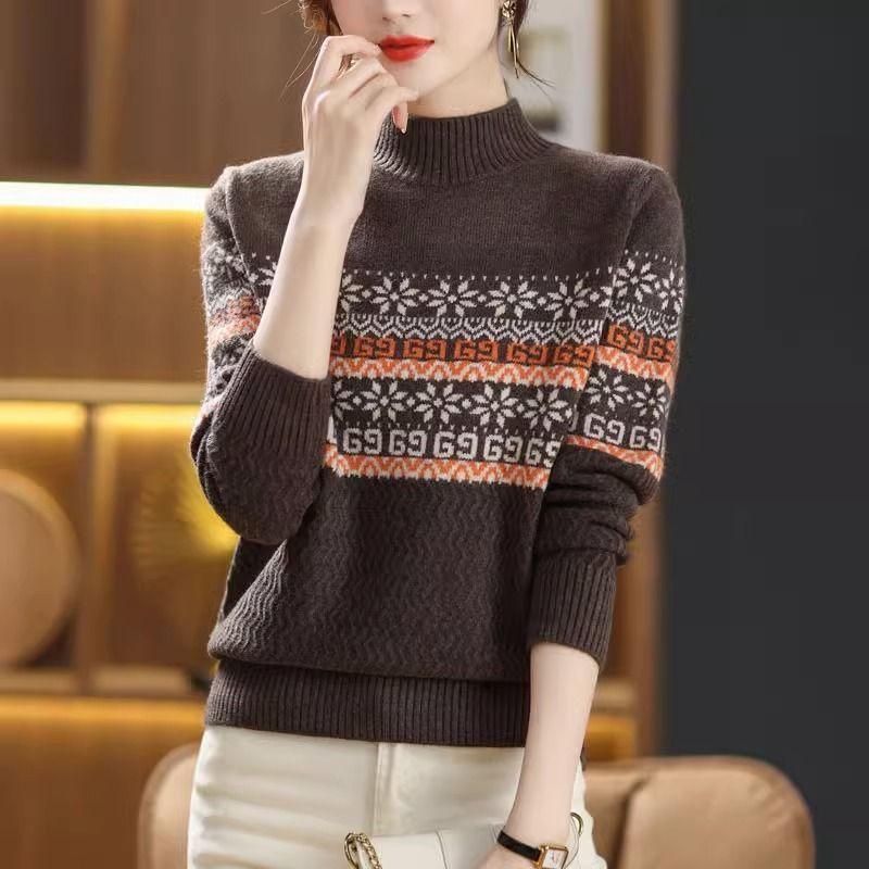 Argyle Pattern Mock Neck Knitted Sweater, Casual Long Sleeve Pullover Sweater for Fall & Winter, Women's Clothing