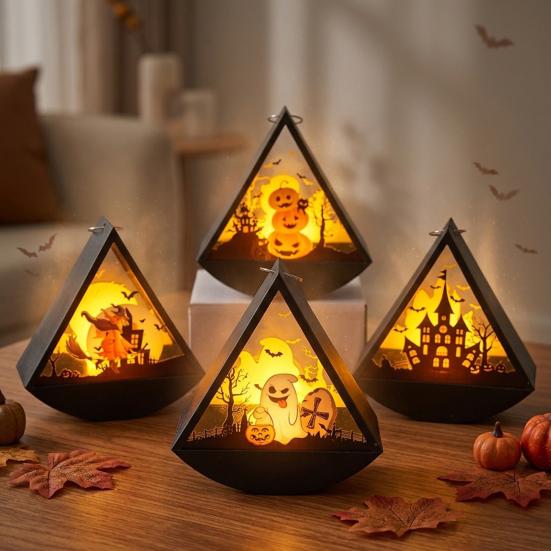 Decorative Lights for Home Halloween Triangle LED Lantern, Tumbler Shape Night Light with Witch Ghost Unique Decorations Pumpkin, Battery Operated