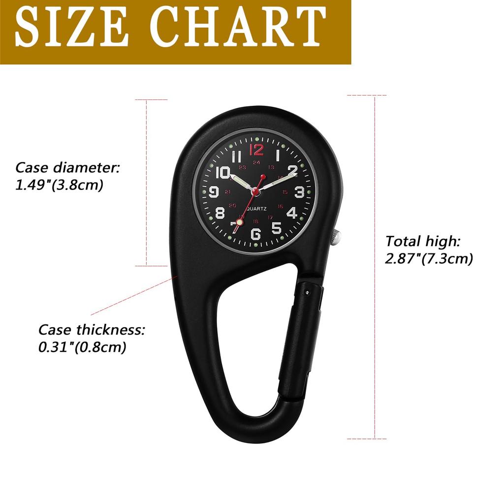 Carabiner Watch Clip Watch Keychain Carabiner Watch Waterproof Luminous Analog Display Pocket Watch Nurse Watch Black Sports Climbing Camping Outdoor