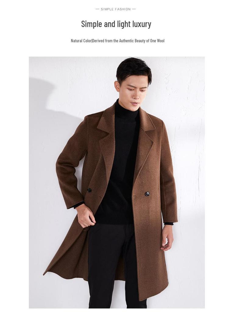 Men's Mid-Length Double-Faced Wool Cashmere Overcoat with Suit Collar
