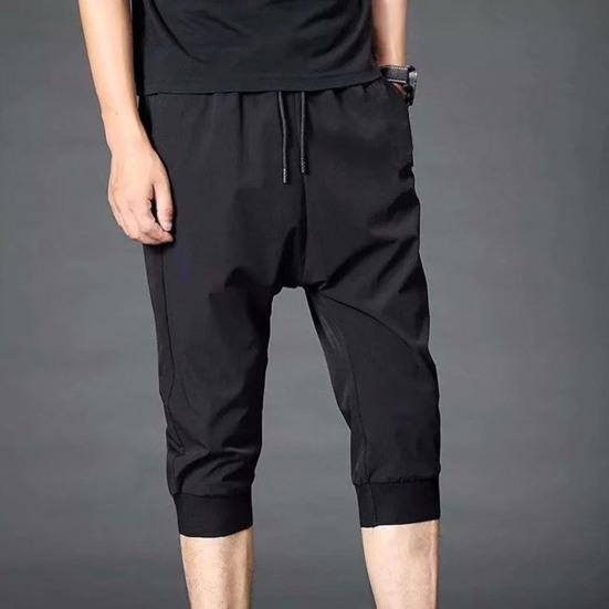 Men Sweatpants Solid Color Soft Fabric Drawstring Ankle-banded Stretchy Waist Cropped Trousers Daily Clothes