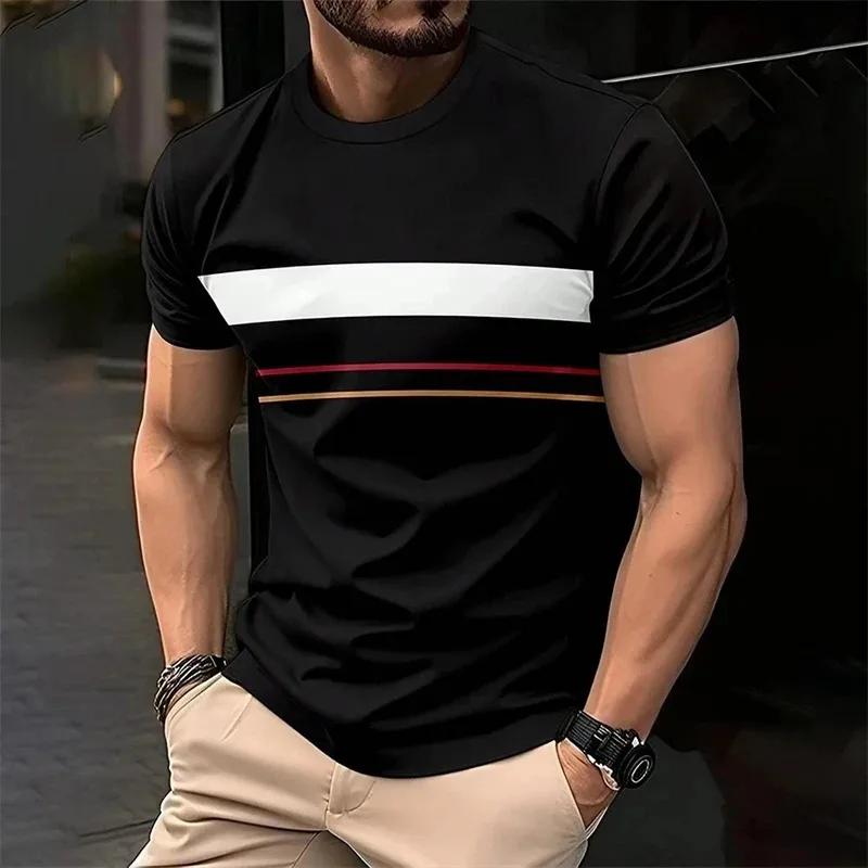 Summer Round Neck 3D Printed Men s T-shirt Harajuku Street Sports Short Sleeve Tees Minimally Striped Pattern Pullover L