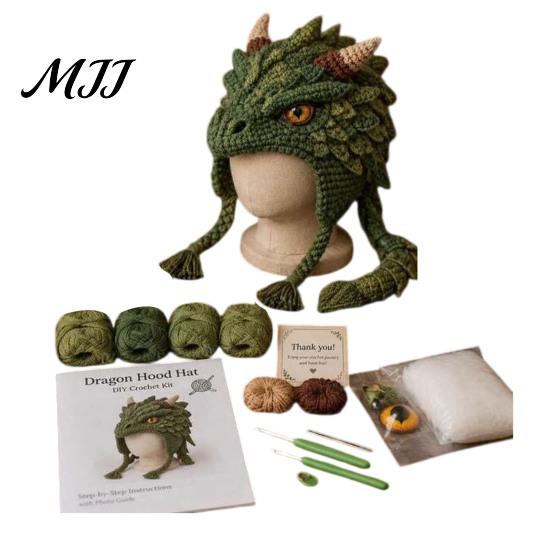 Halloween Cosplay Hat Kit Fantasy Hood Crochet Kit, Cute Animal DIY Dragon Unicorn Making Supplies Skull Earflap Craft for Adults, Handmade