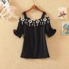 Slash Neck Off Shoulder Applique Casual Blouse Summer New Princess Sleeve Solid Color Slim Chiffon Shirt Women's Female