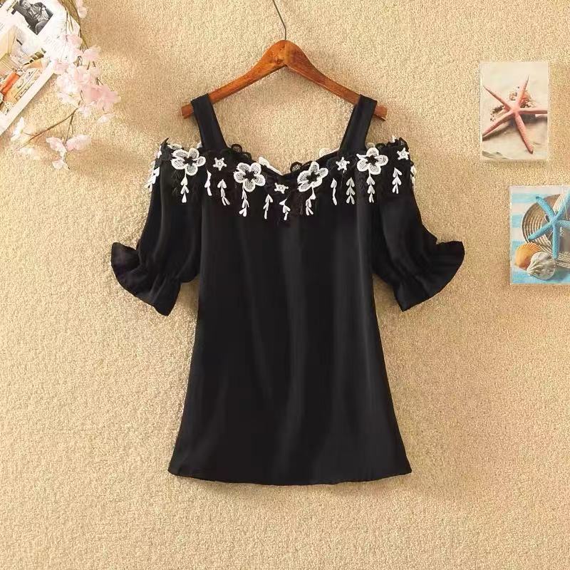 Slash Neck Off Shoulder Applique Casual Blouse Summer New Princess Sleeve Solid Color Slim Chiffon Shirt Women's Female