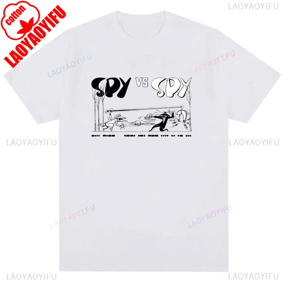 Mens Spy Vs Spy Graphic T Shirt Summer Cotton Crew Neck Retro 80s Cartoon Print Funny Humorous Vintage Style Fashion Tee Shirts