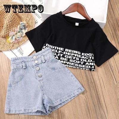 2PCS Children Clothing Set Spring Summer Girls Suits High Waist Denim Shorts Printing Letter Middle Sleeve Tops Clothing Set