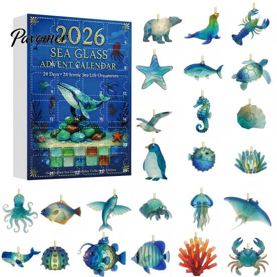 Christmas Countdown Calendar Sea Life Advent 2026, 2D Box with Blue Ocean Color Scheme Animal Acrylic Pendants, Festive Tree Hanging Decor,