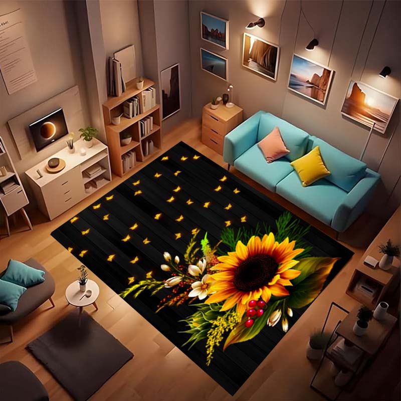 Customizable sunflower pattern non-slip rug, soft flannel, washable, non-slip backing, suitable for living rooms, bedrooms, bath