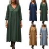 Women's ,color Cotton And Linen Long,sleeved V,neck Mid,length Dress
