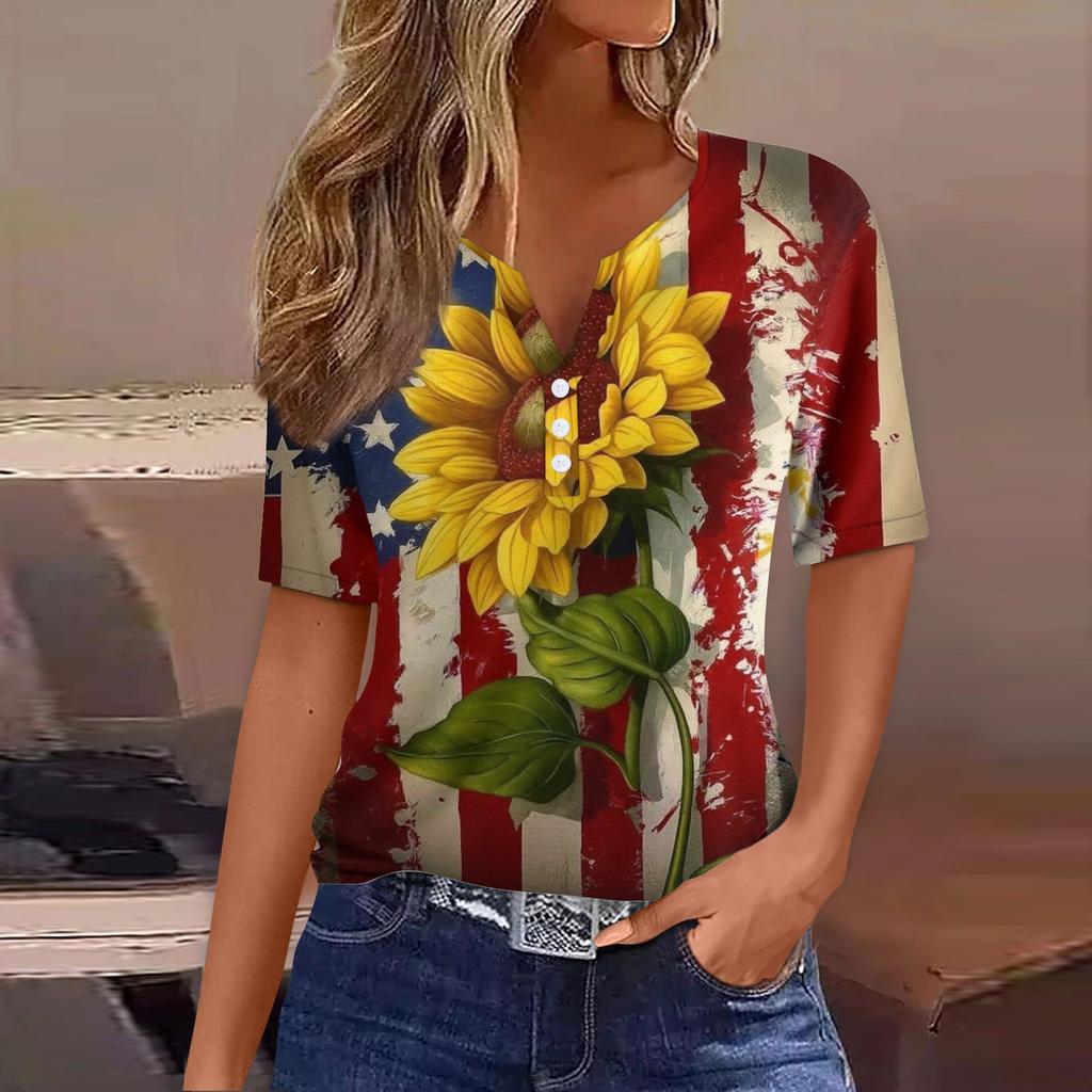 Women's T Shirt Tee Print Button Short Sleeve Daily Weekend Fashion Basic V- Neck Regular Top