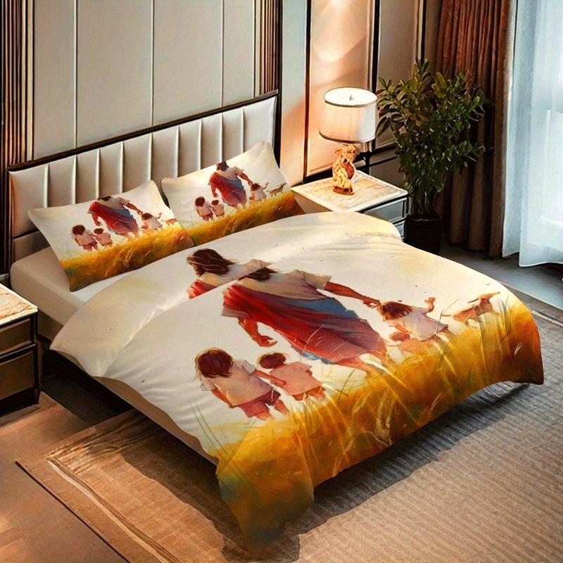 2-3-teiliges Bettwäscheset mit Jesus-Motiv, hochauflösender Digitaldruck, bestehend aus Bettbezug und Kissenbezug.