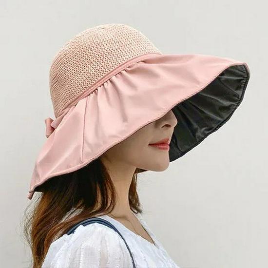 Korean-Style Women's Wide Brim Sun Hat with Bow and Face Mask - Versatile Outdoor UV Protection Hat for Adults