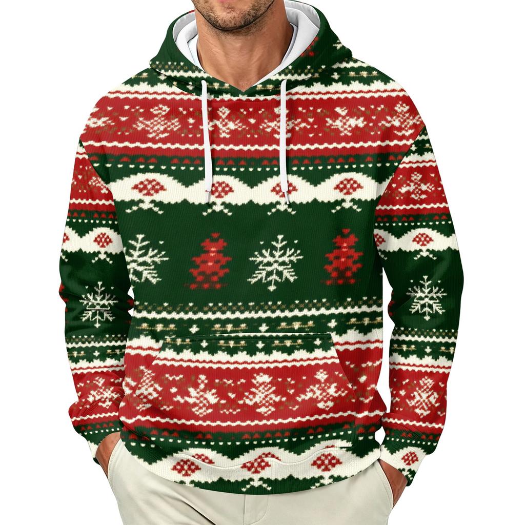 Men's Long Sleeve Hooded Sweatshirt with Christmas Print for Holiday Casual Wear