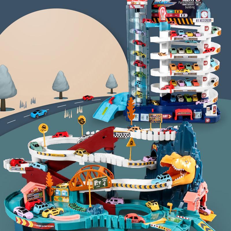 Dinosaur Mountain Road Track & Children's City Car Parking Lot Toy Set