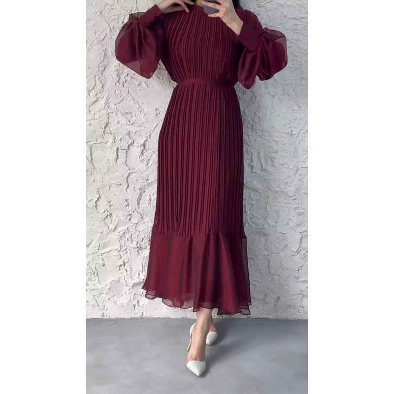 

Европейское и американское новое элегантное платье с круглым вырезом, плиссировкой и шнуровкой на талии, облегающее фигуру, с круглым вырезом, закрытое плиссированное платье Wine Red 2XL