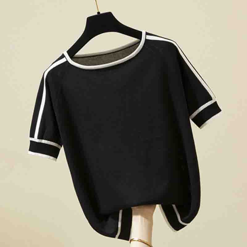 

2024 Летняя мода Новые короткие рукава вязаные свитера пуловеры женские топы с круглым вырезом белый черный вязаный женский свитер JJ32 One Size чёрный