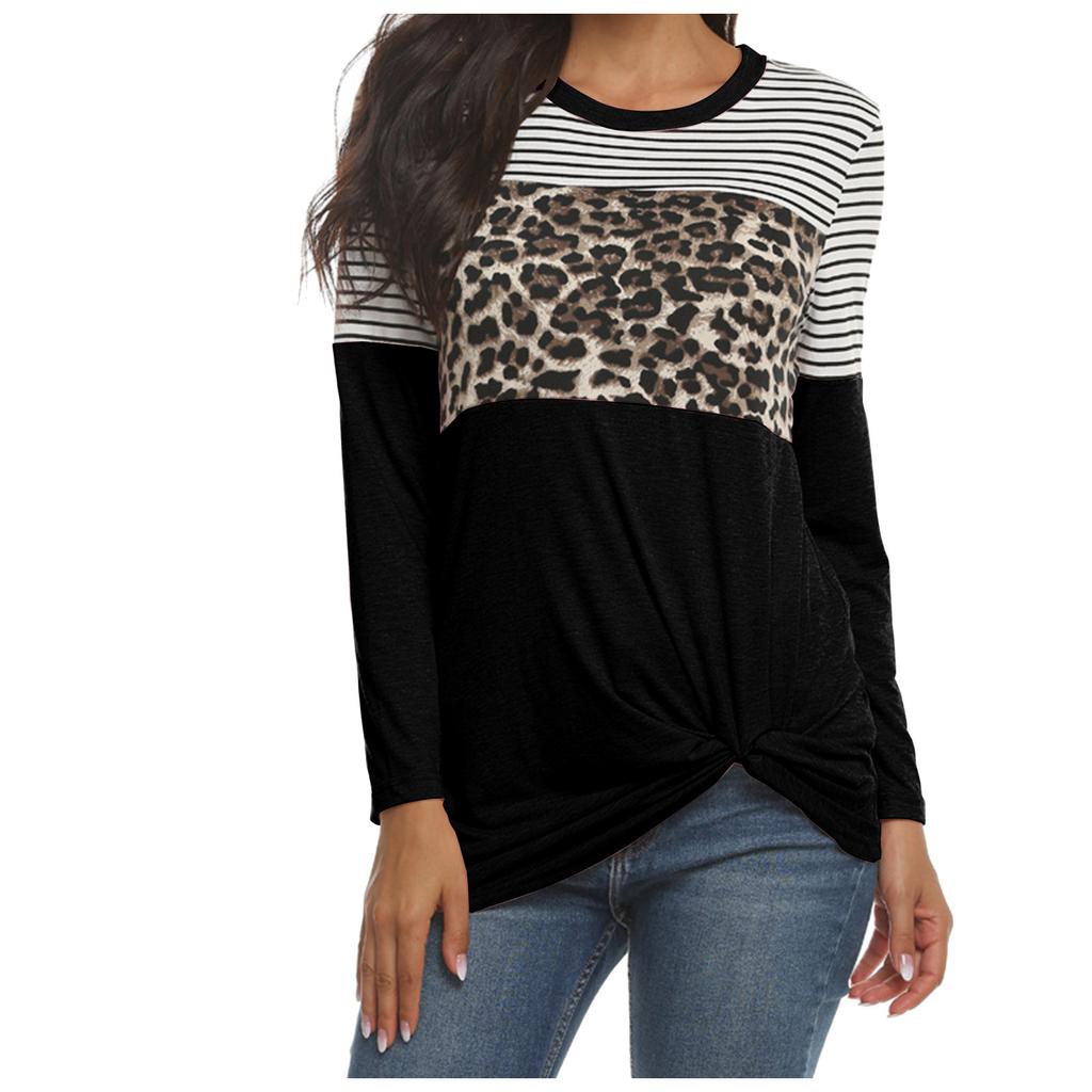 Women's And Winter Leopard Pattern Stitching Long Sleeve T-Shirt