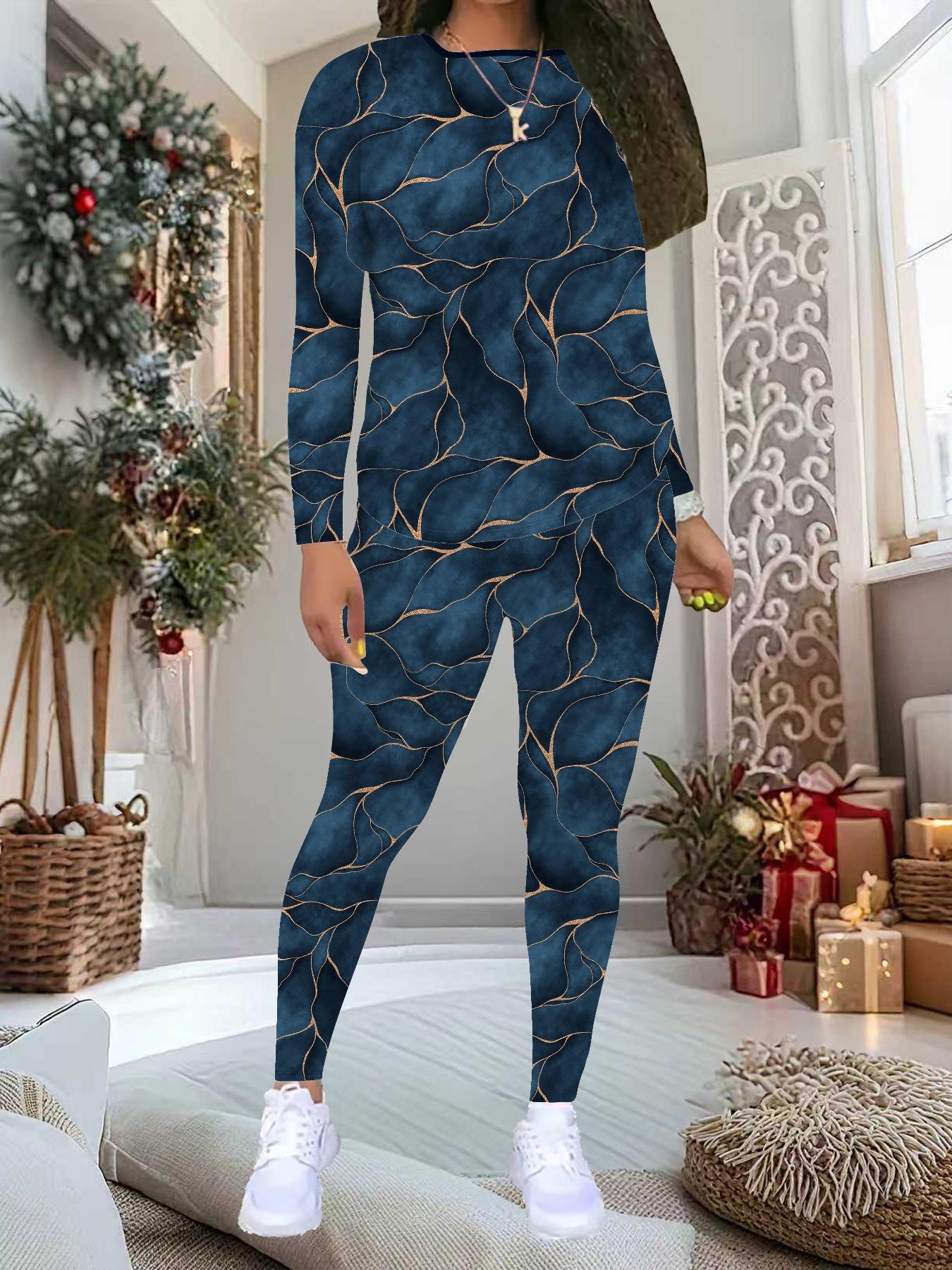 

Women s Marbling Print 2-Piece Outfit: Long Sleeve Crew Neck Top & Pants, Holiday Limited Casual Party Gift Suit XXL темно-синього кольору