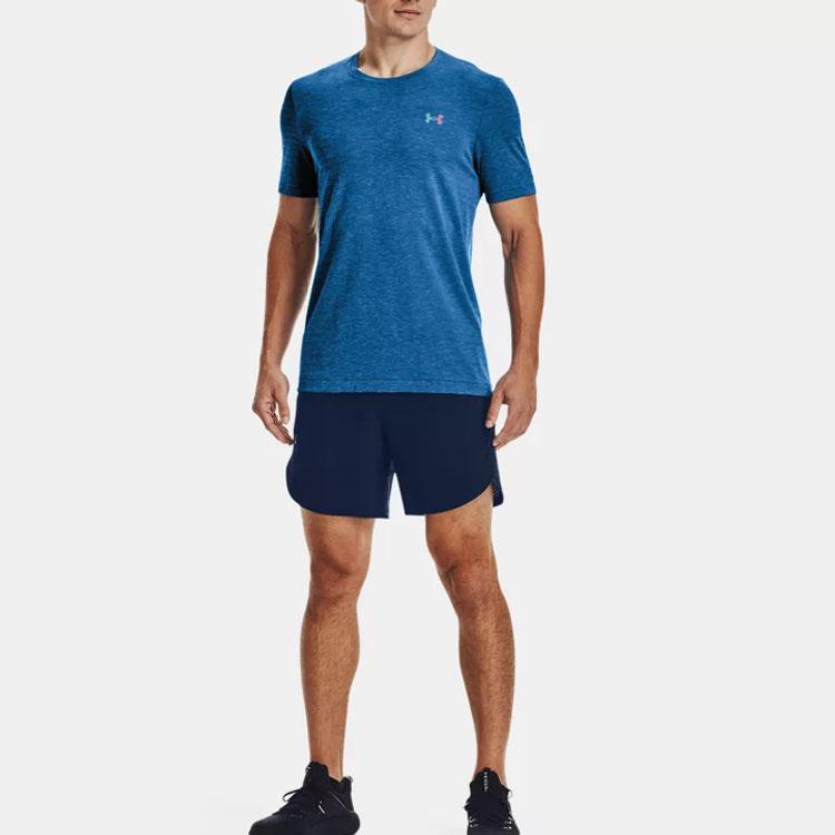 Under Armour Rush Series Solid Logo Crew Neck Sport Tee Men Tops Blue 1370441-899