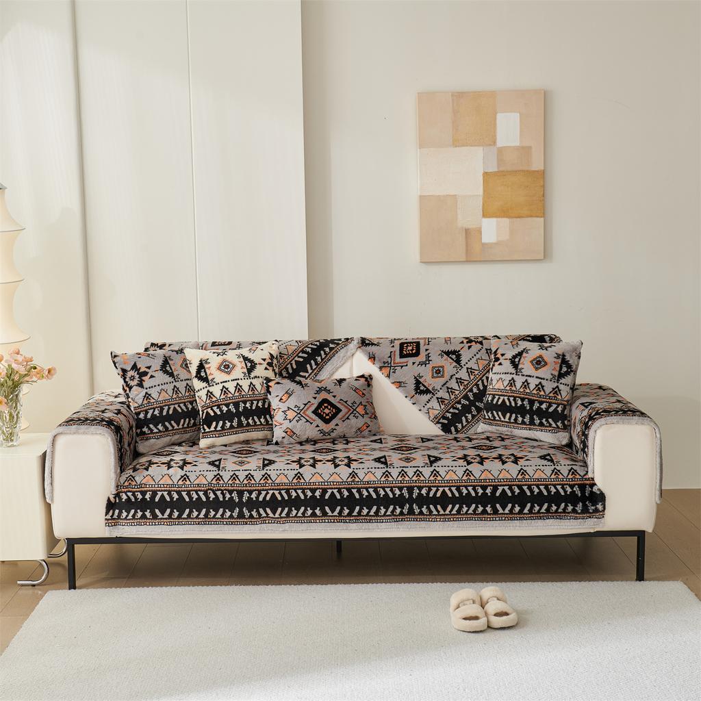 1pc Boho Print Flannel Fleece Autumn/Winter Thicken Plush Sofa Cover for Living Room Couch Cushion Slipcover Furniture Decor