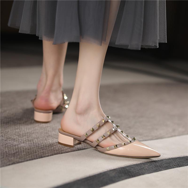 Spring and summer new rivets patent leather thick heel pointed head middle heel bag head lazy versatile half drag wear sandals women's shoes