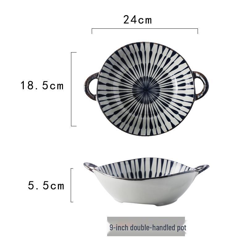 Japanisches gestreiftes Keramikschüssel- und Teller-Set - Neujahrsgeschirr & Einweihungsgeschenk mit Essstäbchen