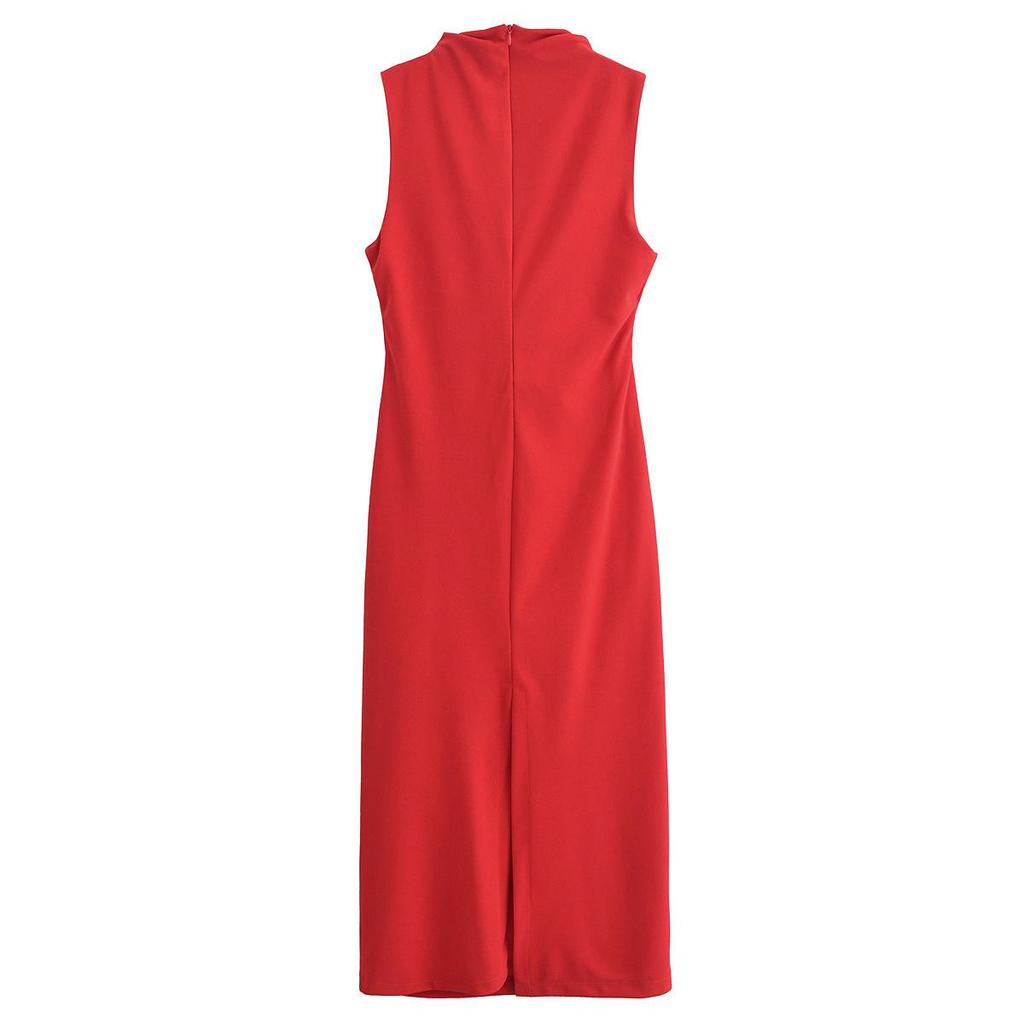 Spring 2025 Women's Pleated Midi Dress - Slim Fit with Waist-Gathering Design