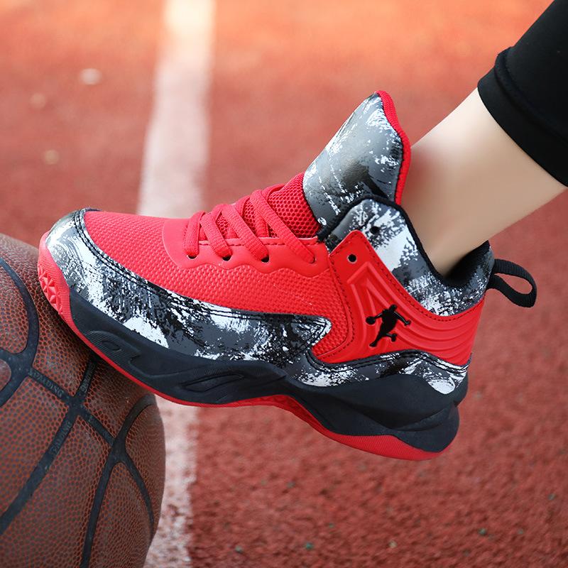 Four Seasons Spring and Autumn New Boys Basketball Shoes Flying Weaving Mesh Breathable Middle Help Boys Basketball Sneakers Jinjiang Shoes
