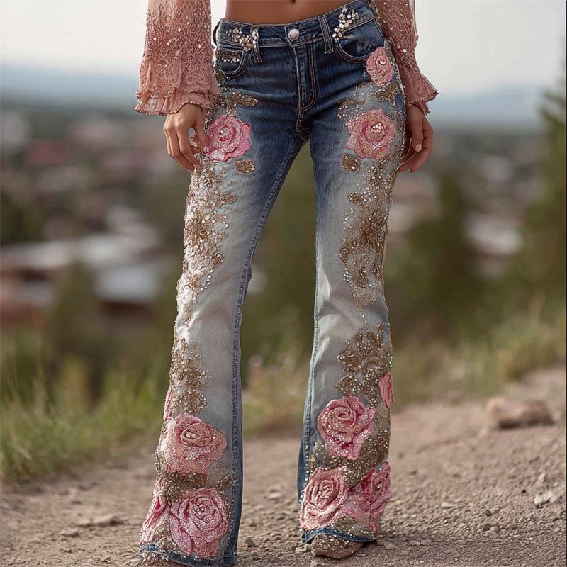 3D Digital Print Women s Slimming Denim Bell Bottoms 5X-Large