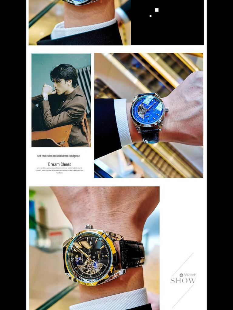 Men's High-End Hollow Flywheel Mechanical Watch - Automatic, Waterproof, Luminous, Moon Phase, Multifunction.