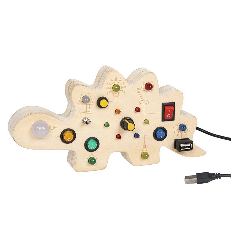 Cross-Border Wooden Dinosaur LED Busy Board - Life Skills Learning Toy