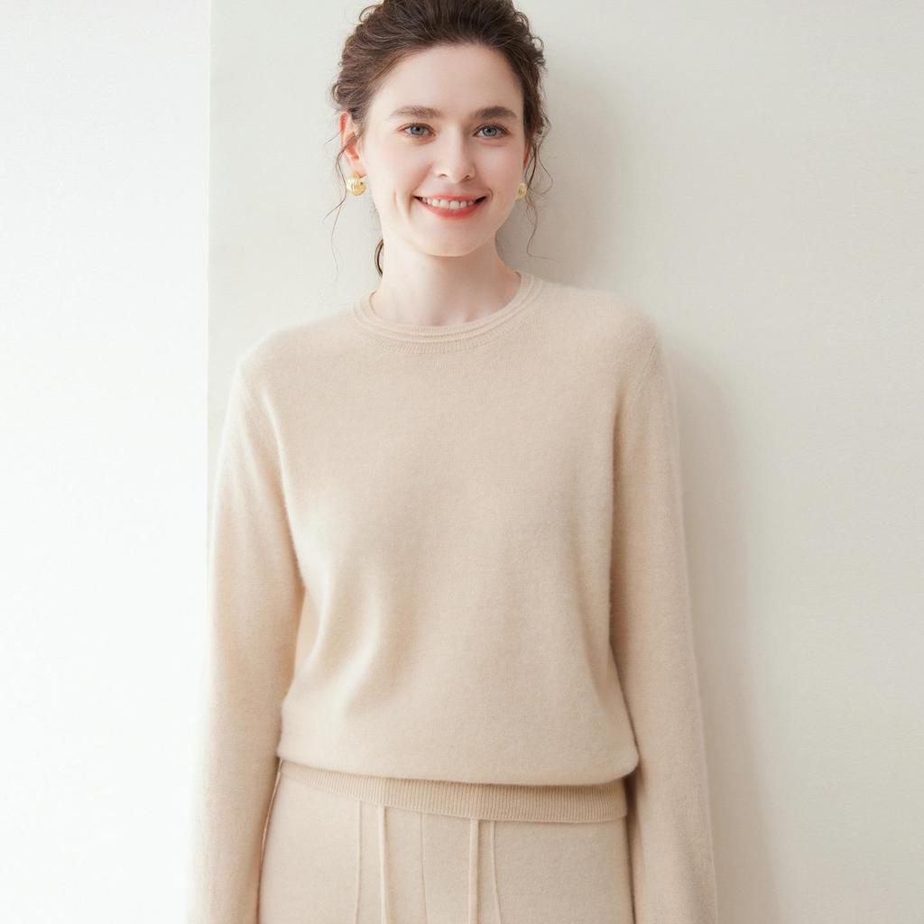 Lekasha Women's 100% Cashmere Puff Sleeve Round Neck Knit Base Layer