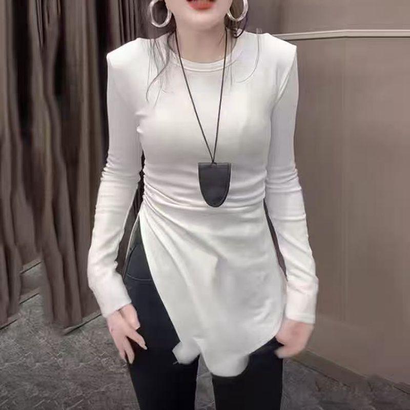 German Velvet Long Sleeve Irregular Slit Women's Bodycon T-shirt: Autumn/Winter Waist-Cinching Slimming Base Layer