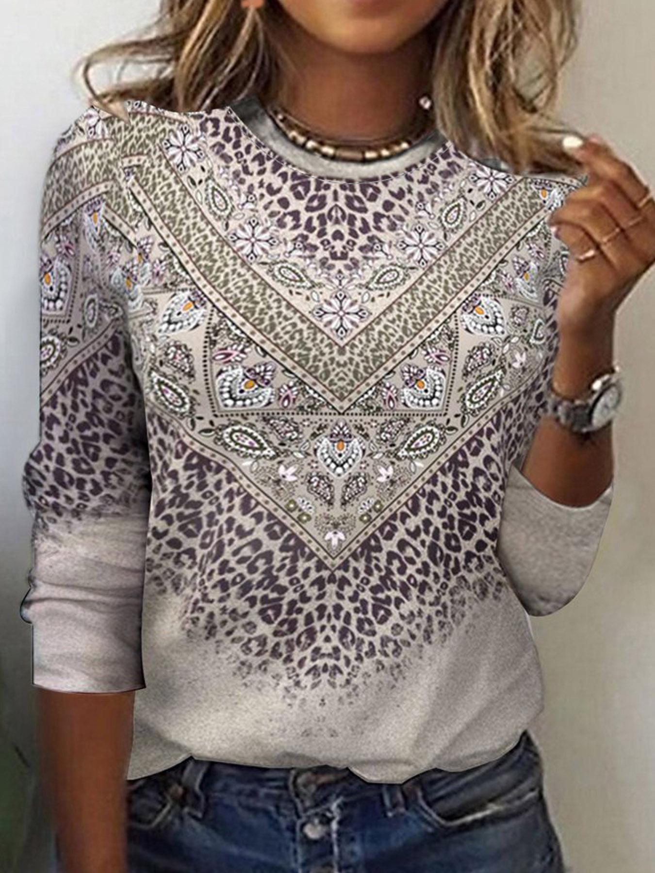 

Женский топ с круглым вырезом и длинными рукавами в стиле ретро 2024 года на весну и осень L светло-серый