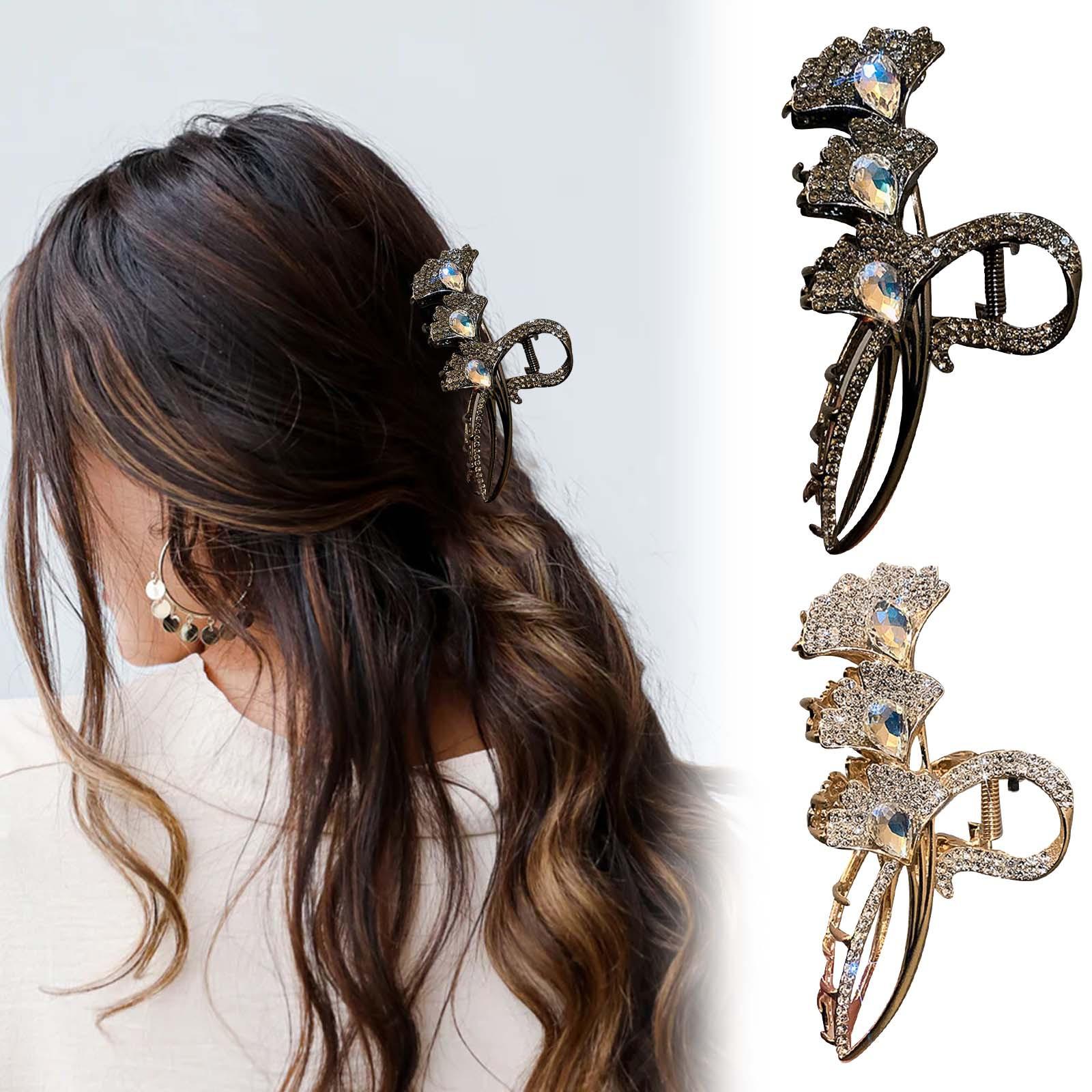 

Заколка для волосся з листям гінкго з металевими шипами та діамантами для жіночої потилиці, заколка для кучерявого волосся, великий розмір чорний