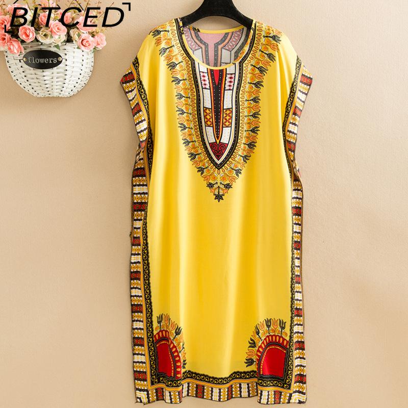 BITCED Summer Dress Geometric Print Pullover One Size Chic Women Mid-Calf Dress For Homewear
