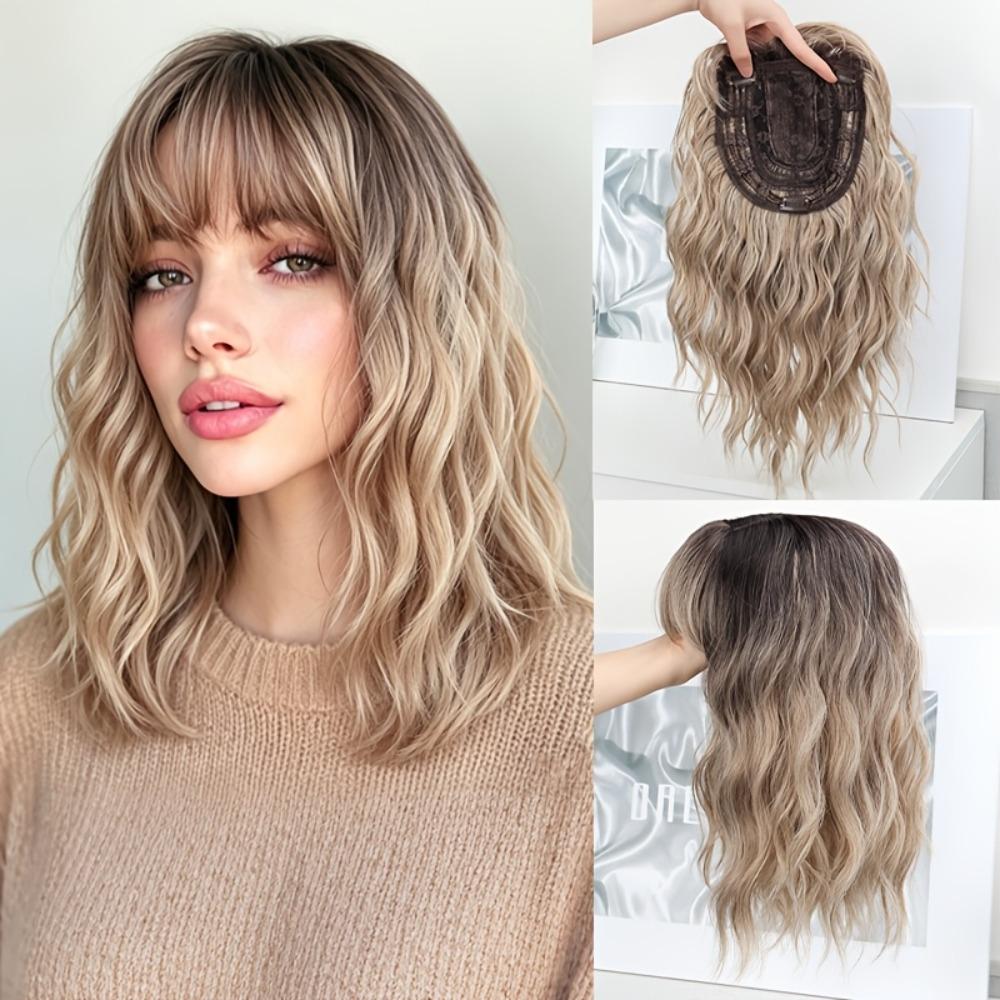 Natural Short Wavy Wig Gradient Clip-In Bangs Extension for Added Volume, Coverage, And Blend