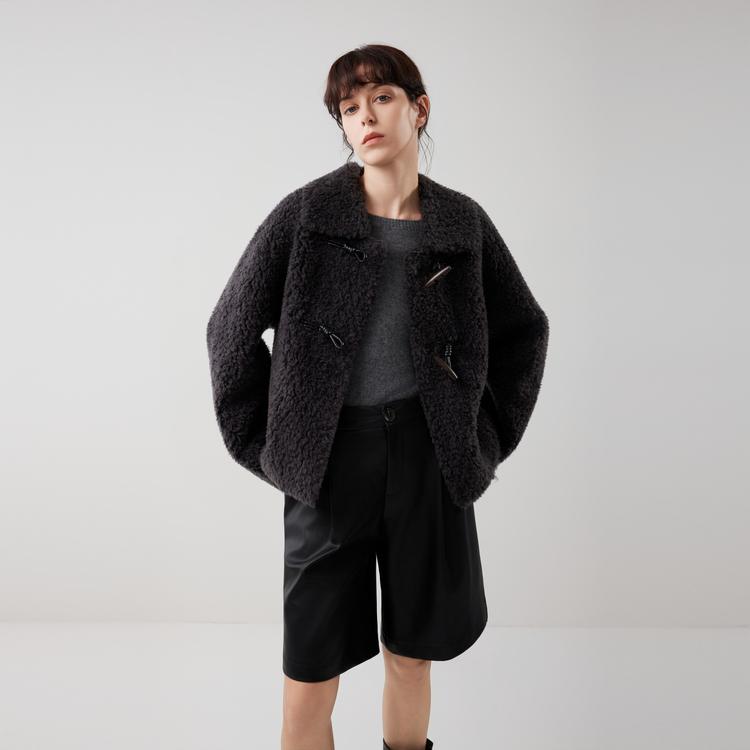 ELLE French Vintage Drop Shoulder Toggle Button Casual Loose Versatile Comfortable Long Sleeve Lamb Wool Plush Coat Women outerwear EF53039