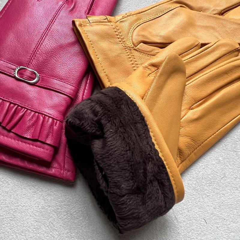 Womens Sheepskin Leather Gloves Warm Fleece Lined Cute Lace Trim Winter Driving Split Finger