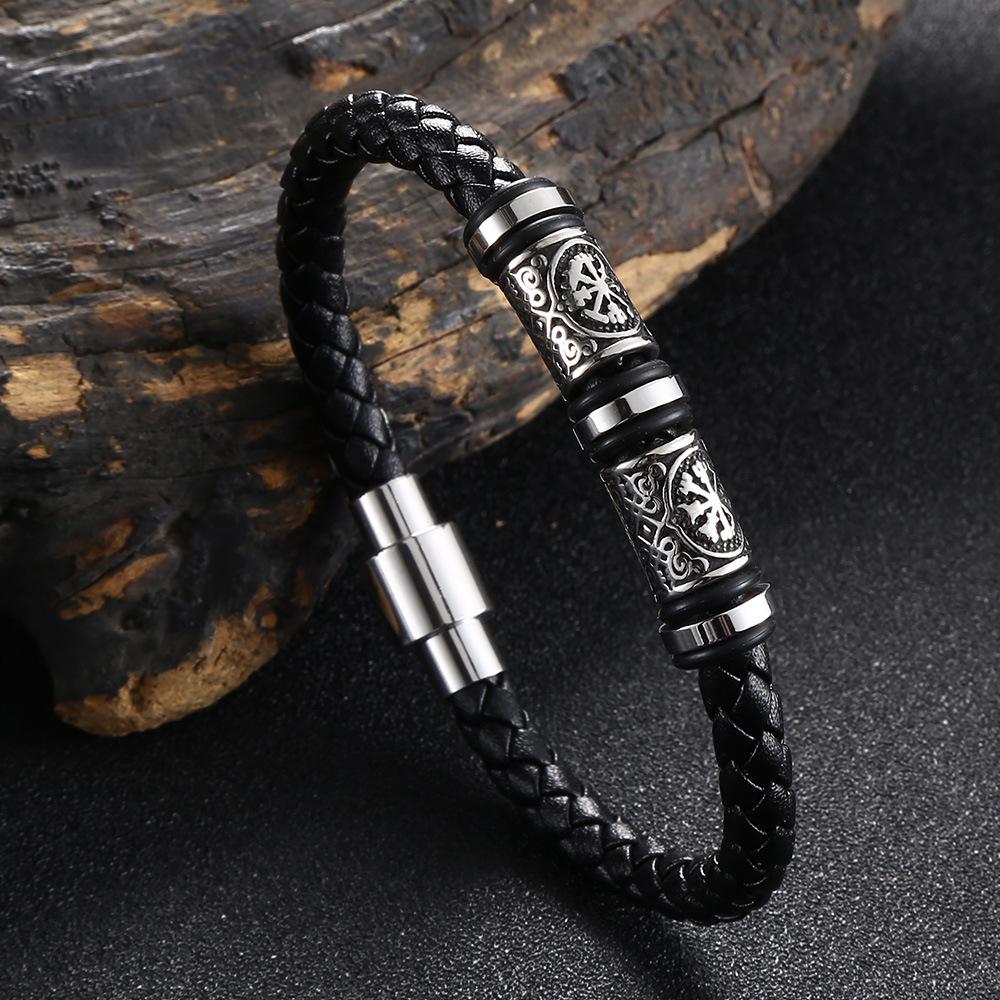 Trendy European-American Woven Leather & Stainless Steel Bracelet