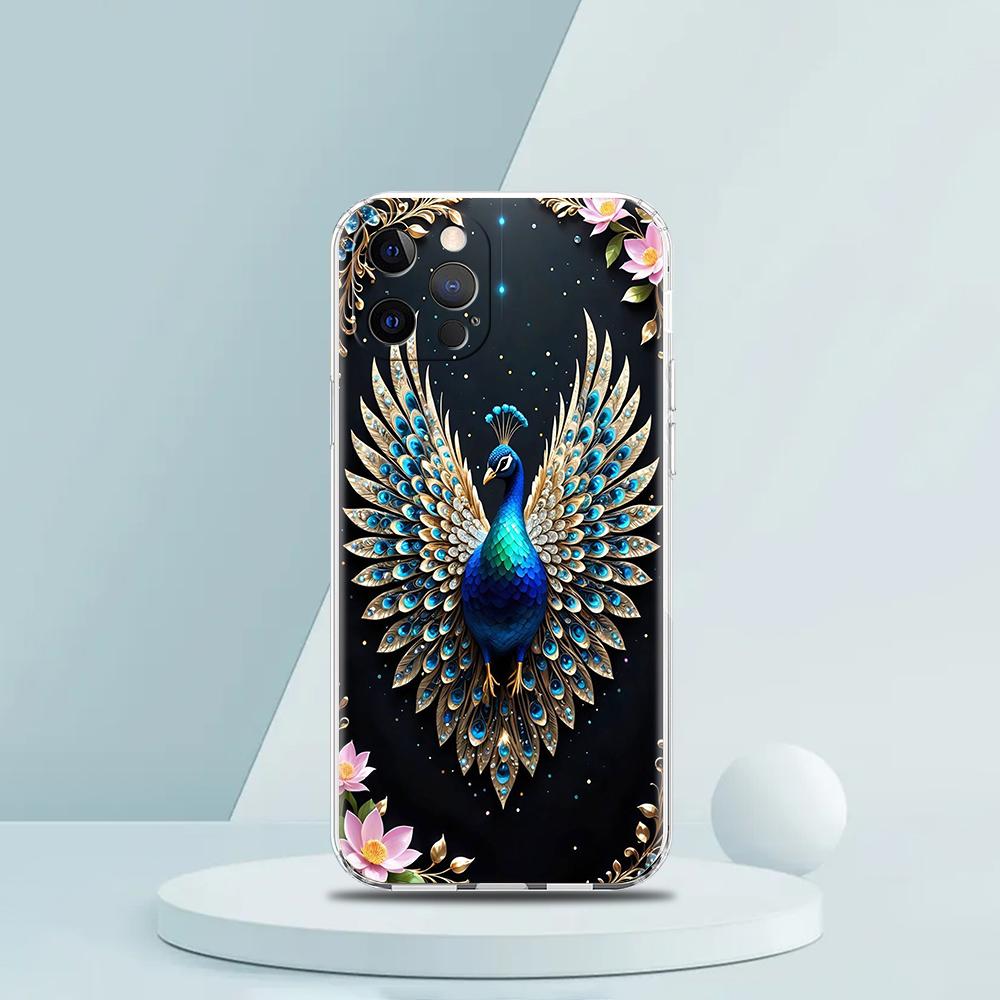 Soft TPU Transparent Phone Case Cover for iPhone 16 15 14 13 12 11 Pro Max XR 8 7 Plus XR Shell Animal Cute Peacock Pattern Bags