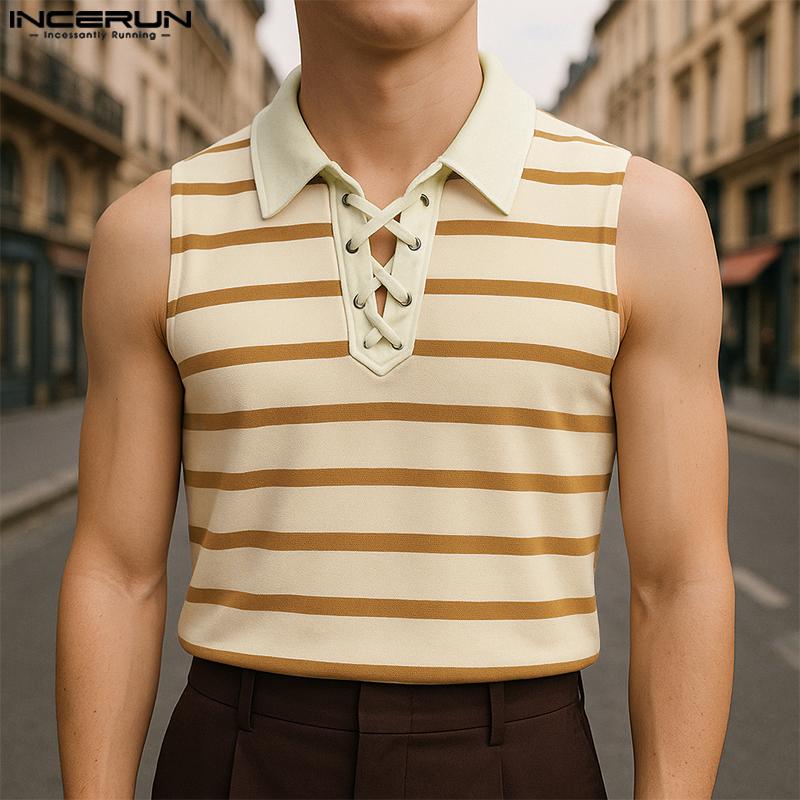 INCERUN Men Lapel Collar Sleeveless Stitching Striped Casual Loose Tank Tops