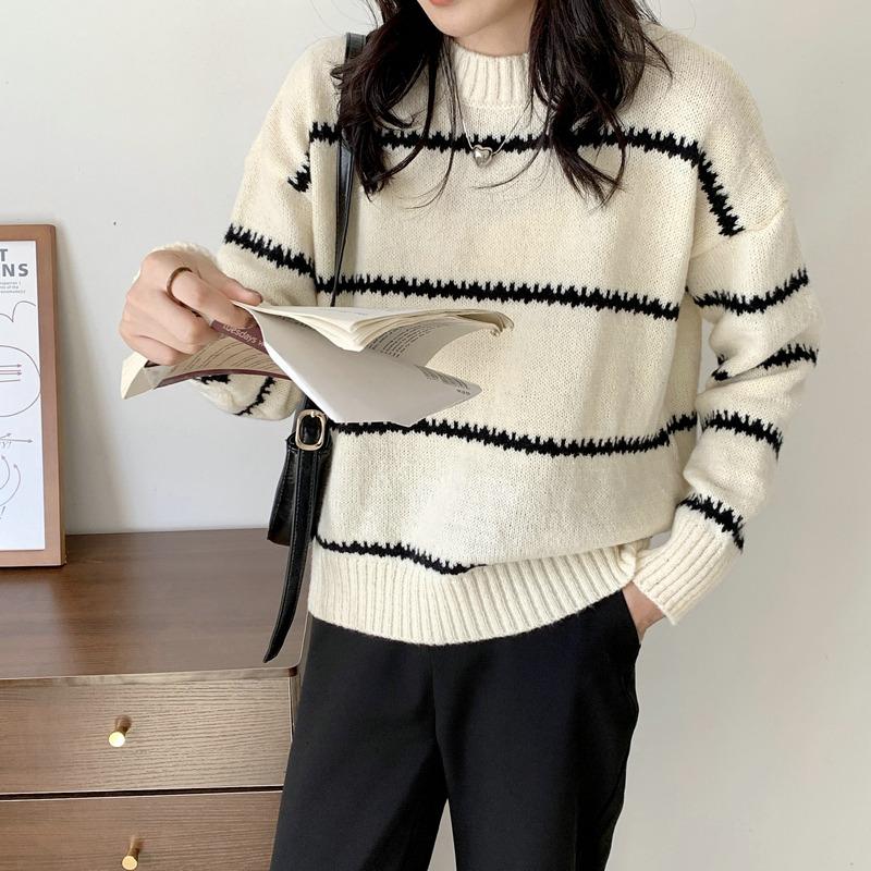 Korean Style Crew Neck Pullover Stripes Women's Sweater Autumn Winter Fashion New Casual Loose Long Sleeved Knitted Tops Office Lady Elegant Clothing