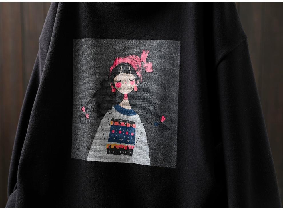 2025 Autumn/Winter Women's Printed Black Thickened Cropped Loose Velvet Pullover
