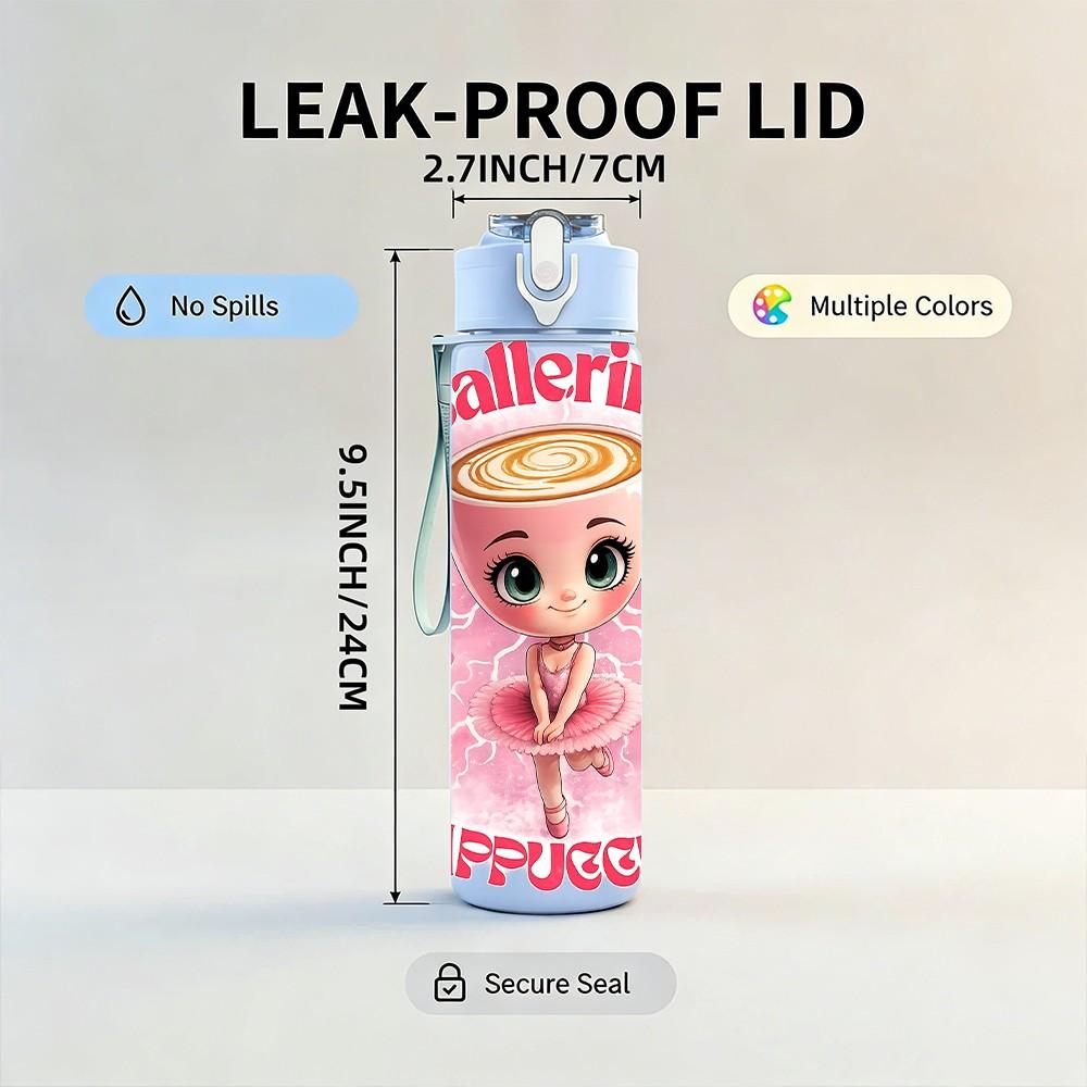 1PC Cute Ballerina Doll Cartoon Print 750ml Color Plastic Sports Water Bottle Leakproof Flip Straw Lid Suitable for Sports Office Home Use